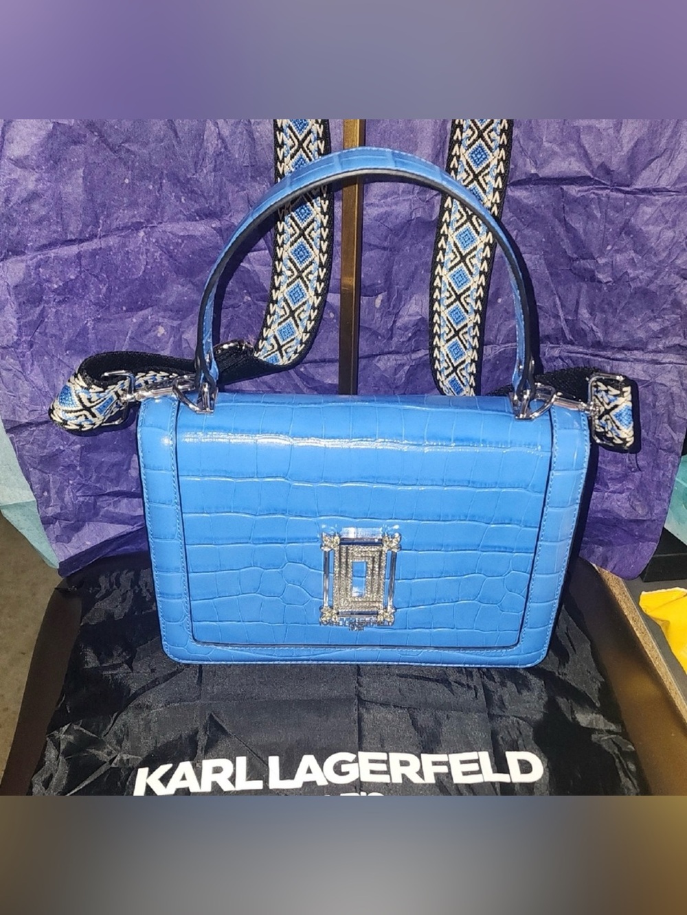 Karl Lagerfeld Vibrant Blue Leather Croc-Embossed Crossbody Bag Nwot